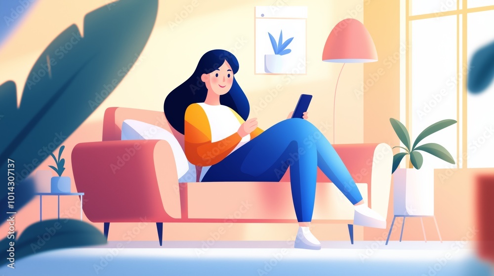 A woman relaxes on a cozy sofa while using her smartphone in a bright, modern living room filled with plants, cartoon illustration. A woman relaxes on a cozy sofa while using her smartphone in a bright, modern living room filled with plants, cartoon illustration.