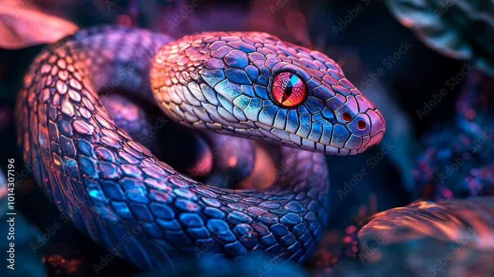 A blue snake with red eyes is coiled up in a dark, leafy environment A blue snake with red eyes is coiled up in a dark, leafy environment