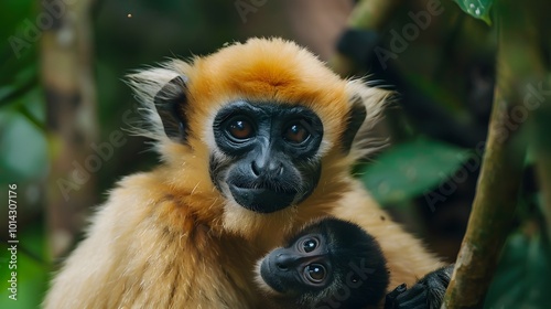 Yellow-Cheeked Gibbon Monkey Posing Against a Blurred Natural Background for Wildlife and Conservation Themes