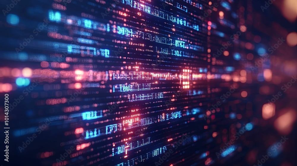 Abstract Digital Code with Glowing Blue and Red Lines