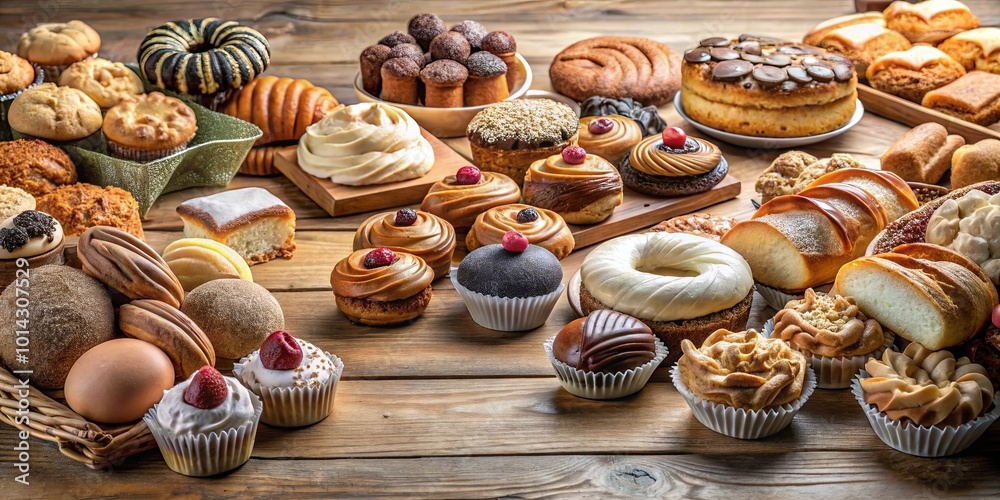 A Rustic Wooden Table Overflowing with an Assortment of Sweet Delights, Featuring a Diverse Array of Baked Goods, Including Cupcakes, Tarts, Pastries, and Breads A Rustic Wooden Table Overflowing with an Assortment of Sweet Delights, Featuring a Diverse Array of Baked Goods, Including Cupcakes, Tarts, Pastries, and Breads