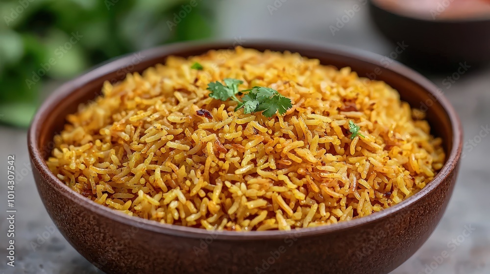 Delicious Golden Biryani Rice in a Bowl Close up Indian Cuisine Food Photography Delicious Golden Biryani Rice in a Bowl Close up Indian Cuisine Food Photography