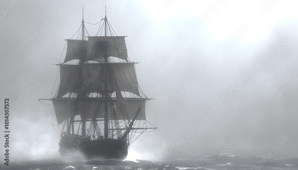 Fototapeta premium Old sailing ship in stormy seas, black and white.