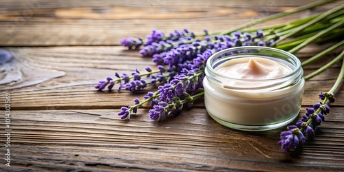 A glass jar filled with a creamy lotion sits beside a sprig of lavender flowers, resting on a weathered wooden surface.