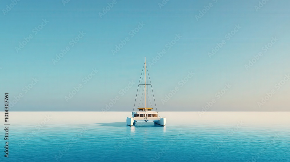 Modern Catamaran Yacht in Calm Sea with Blue Sky Modern Catamaran Yacht in Calm Sea with Blue Sky