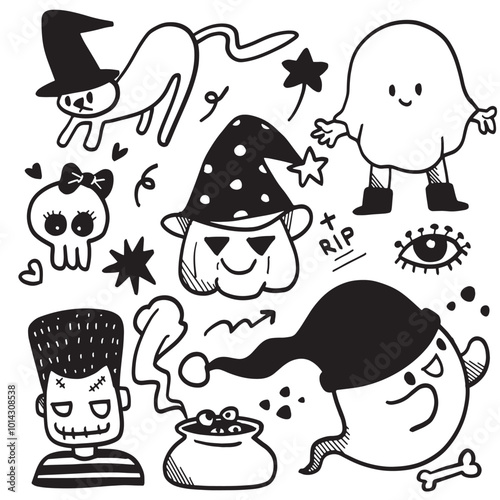 Cute Halloween Doodle with Ghosts, Skulls, and Witch Elements photo