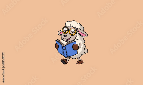 Sheep with glasses reading a blue book while walking.