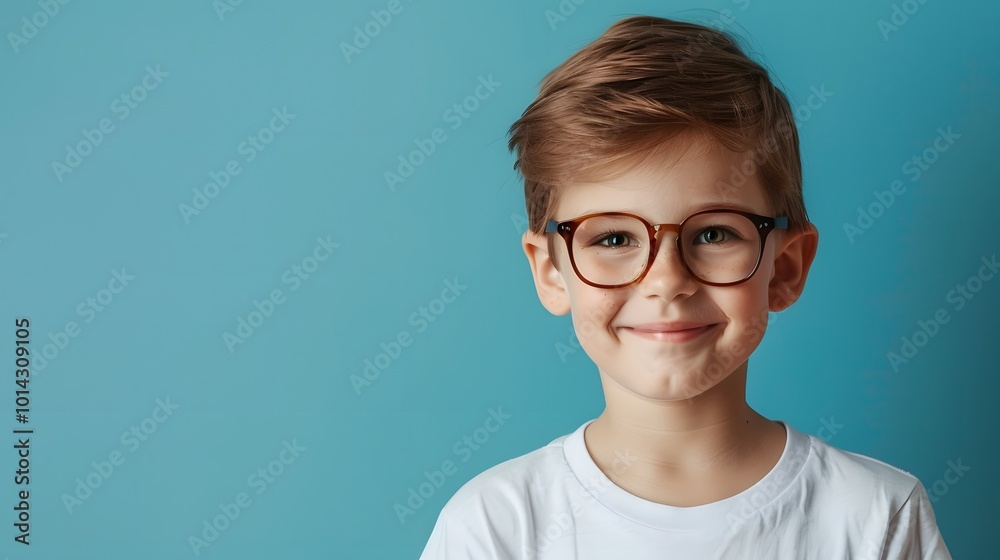 Clever Kid in White T-Shirt and Glasses with Copy Space Background for Learning and Creativity Clever Kid in White T-Shirt and Glasses with Copy Space Background for Learning and Creativity