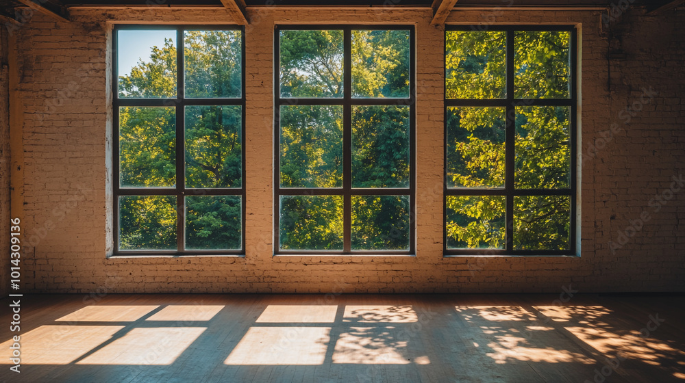 Natural light streaming through large windows in a spacious, empty room filled with greenery Natural light streaming through large windows in a spacious, empty room filled with greenery