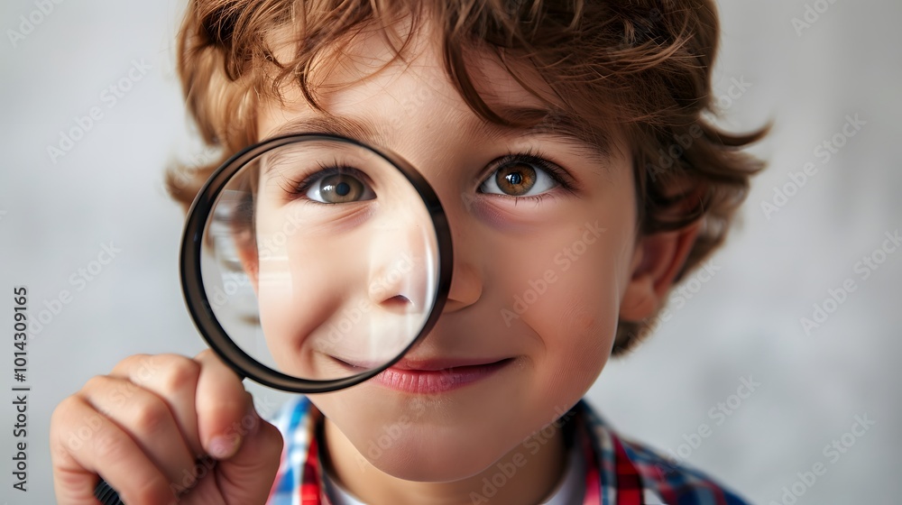 Curious Boy Holding a Magnifying Glass, Focusing on the Camera with a Playful Expression Curious Boy Holding a Magnifying Glass, Focusing on the Camera with a Playful Expression