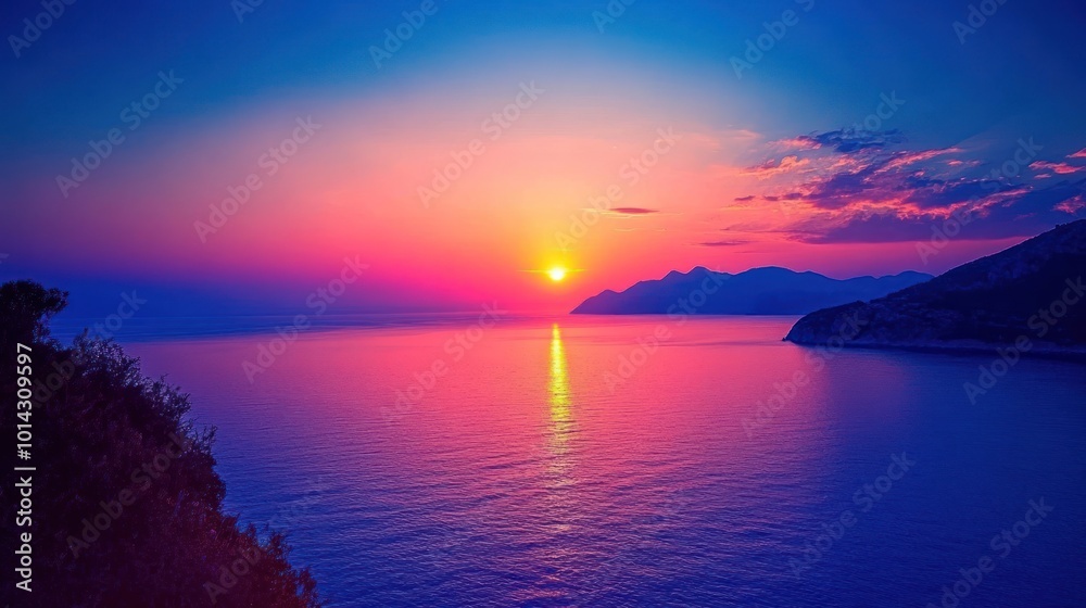 Fototapeta premium Sunset over Ocean with Mountains
