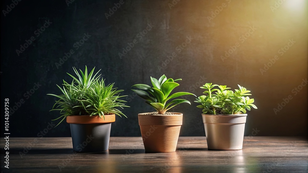 A Trio of Potted Plants Adorned with Vibrant Green Foliage Flourish Against a Dark, Textured Background, Illuminated by Warm Sunlight. A Trio of Potted Plants Adorned with Vibrant Green Foliage Flourish Against a Dark, Textured Background, Illuminated by Warm Sunlight.