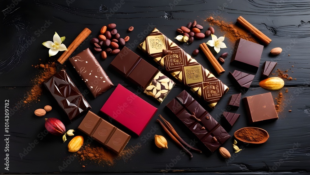 A creative flat-lay of chocolate bars and ingredients like cocoa beans, vanilla pods, and cinnamon sticks, scattered on a dark background. A creative flat-lay of chocolate bars and ingredients like cocoa beans, vanilla pods, and cinnamon sticks, scattered on a dark background.