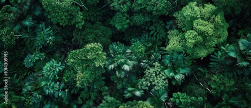 Drone aerial shot of a dense tropical rainforest canopy with diverse wildlife below