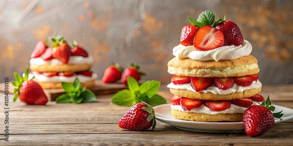 A Delectable Stack of Light and Creamy Cakes Layered with Fresh, Ripe Strawberries and a Hint of Green Mint A Delectable Stack of Light and Creamy Cakes Layered with Fresh, Ripe Strawberries and a Hint of Green Mint