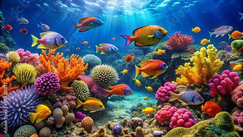 A vibrant underwater panorama showcasing a flourishing coral reef ecosystem, adorned with an abundance of colorful fish and intricate coral formations