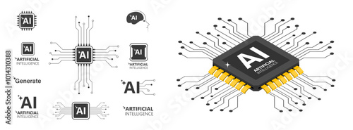Artificial intelligence AI processor chip icon.AI Processor circuit vector set. Mini AI CPU icon collection