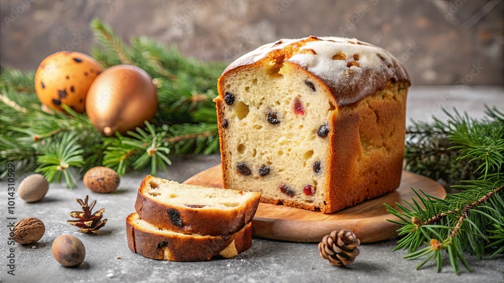 Sweet Bread Loaf Decorated with Powdered Sugar and Dried Fruit Surrounded by Evergreen Sprigs and Decorative Ornaments Sweet Bread Loaf Decorated with Powdered Sugar and Dried Fruit Surrounded by Evergreen Sprigs and Decorative Ornaments
