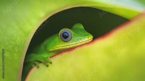 A small green anole blending into a leaf