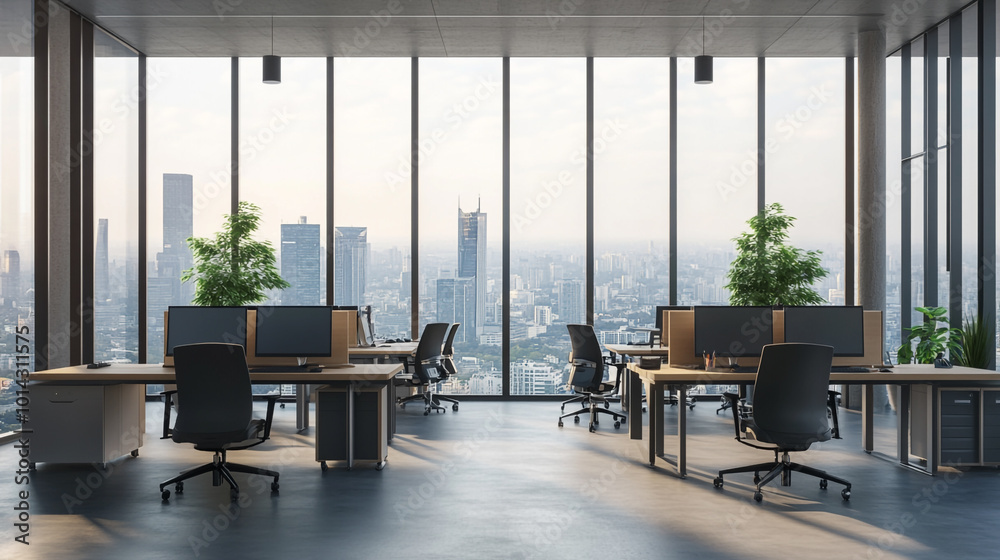 Modern office interior with city skyline view during sunset in a high-rise building Modern office interior with city skyline view during sunset in a high-rise building
