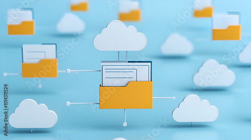 Cloud database icons connected to a central document folder, symbolizing networked storage solutions photo