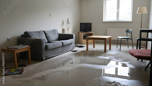 modern home living room flood flooding water leakage leak incident accident furniture wet damaged insurance overflow storm heavy rain damage destroy destruction natural disaster