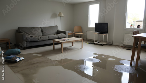 modern home living room flood flooding water leakage leak incident accident furniture wet damaged insurance overflow storm heavy rain damage destroy destruction natural disaster