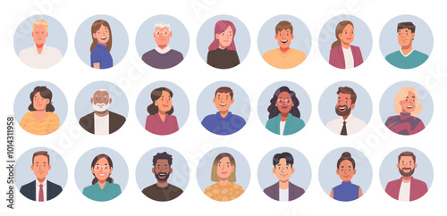 Collection of business men and women avatars in a circle. Set of portraits of male and female of different ages and races. Vector illustration
