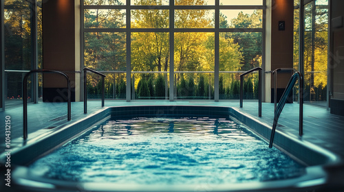 Wallpaper Mural Relaxing indoor hot tub with a view of autumn trees in the background during golden hour Torontodigital.ca