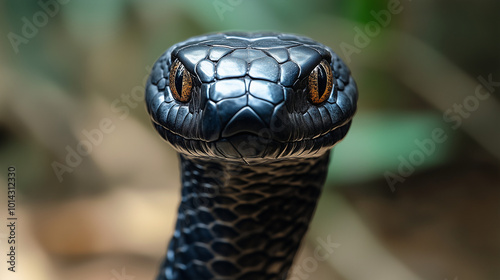 Intense Close-Up of a Black Snake's Face, Detailed Reptile Portrait