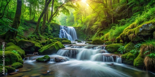 A cascade of water flows over mossy rocks, bathed in the golden light of the sun filtering through the lush canopy of a verdant forest.