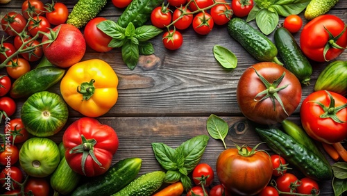 A vibrant arrangement of ripe tomatoes, green cucumbers, yellow peppers, and fresh basil leaves, nestled against a rustic wooden backdrop.