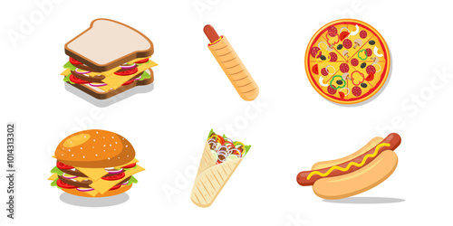 Fast food icons set. Cartoon style vector food items : sandwich hamburger hot dog pizza kebab french hot dog shawarma