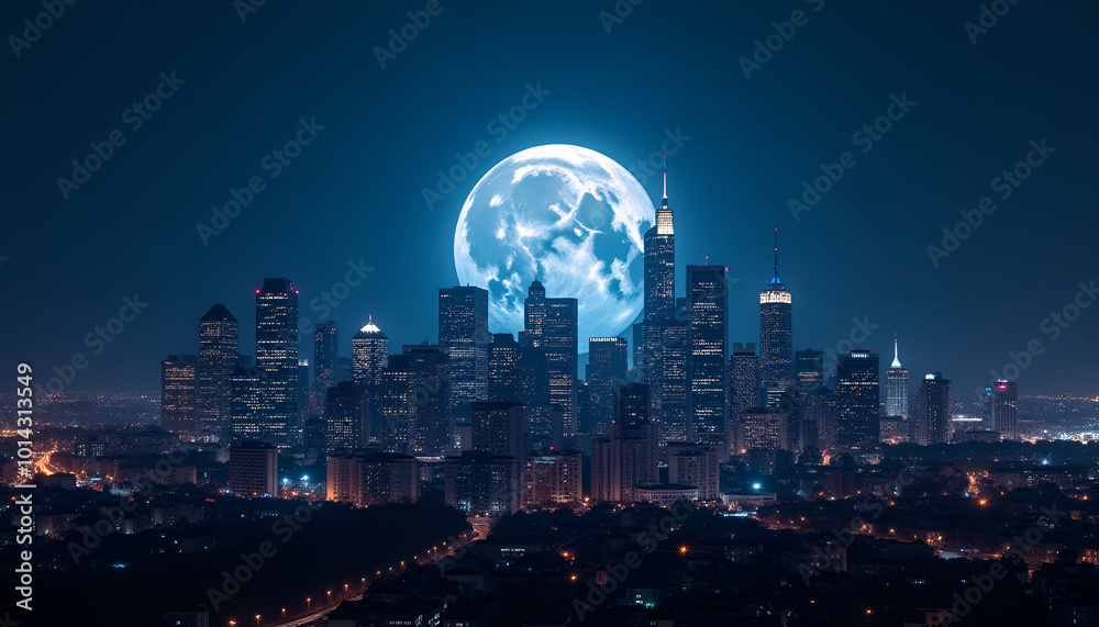 Fototapeta premium Urban skyline with full moon glowing over city buildings at night