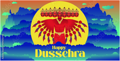 Happy Dussehra festival of India, illustration of Lord Rama killing Ravana in Dussehra Navratri festival of India poster