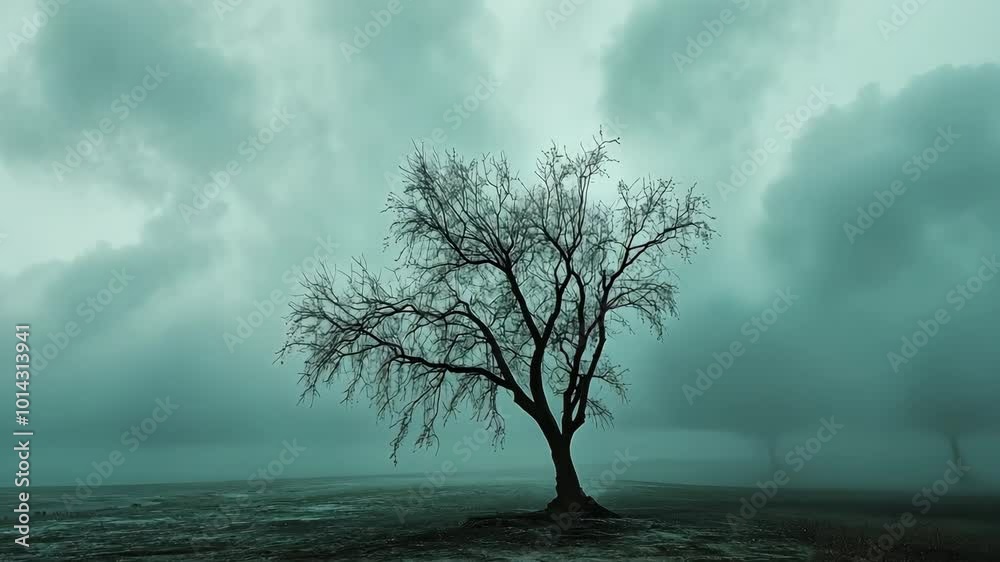 A lone tree stands in a field, shrouded by a thick fog on a cloudy day A lone tree stands in a field, shrouded by a thick fog on a cloudy day