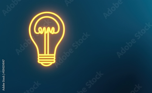 A glowing neon light bulb on a blue background symbolizes creativity, innovation, and bright ideas in a modern aesthetic, glowing future opportunities, determined expression, 3D