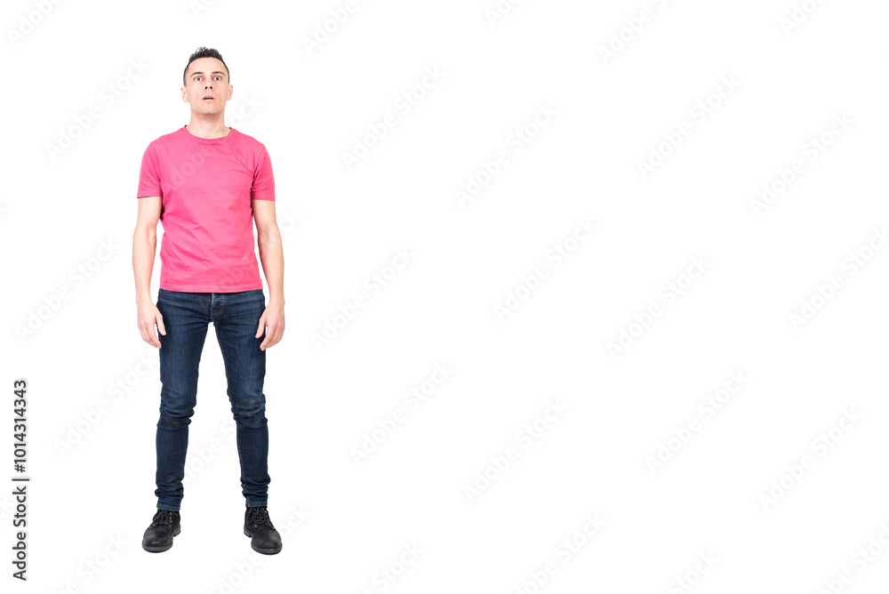 Shocked man looking at camera. White background