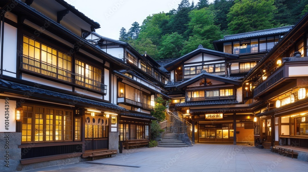 Traditional Japanese wooden houses with a courtyard and a stairway, illuminated at dusk.