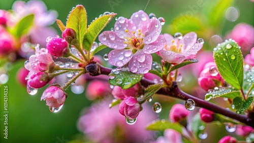 Delicate Pink Blossoms Glisten with Raindrops on a Branch, Reflecting the Light of a New Day