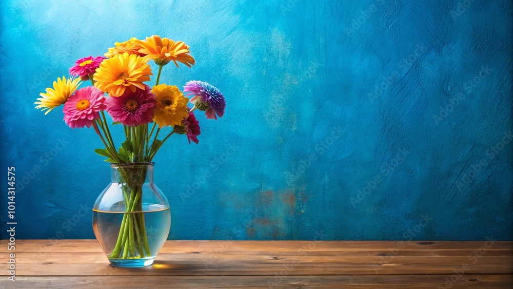 custom made wallpaper toronto digitalA vibrant bouquet of colorful flowers in a glass vase placed on a rustic wooden surface against a backdrop of a textured blue wall.