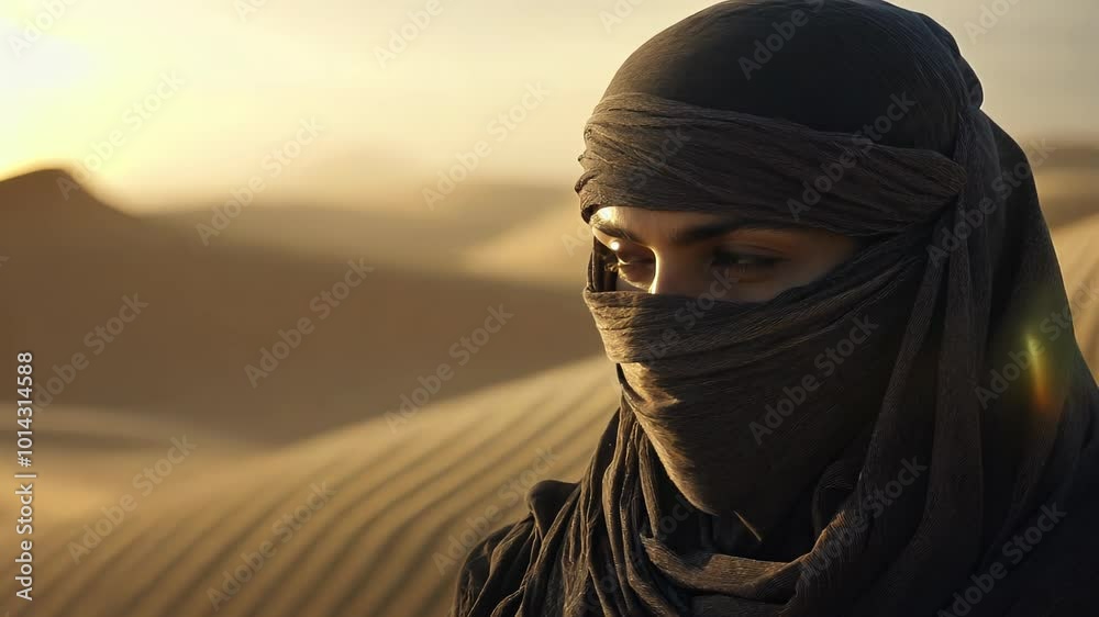 Close-up of a person wearing traditional desert headwear against a backdrop of golden sand dunes. Piercing eyes convey intensity and mystery. Close-up of a person wearing traditional desert headwear against a backdrop of golden sand dunes. Piercing eyes convey intensity and mystery.