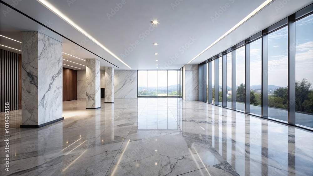 Obraz premium A modern architectural space featuring sleek, polished floors reflecting the natural light streaming through expansive windows, showcasing a panoramic view of distant hills and lush greenery.