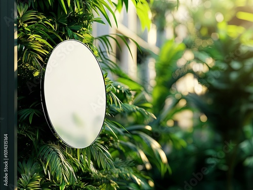 Modern mirror surrounded by lush greenery in a serene setting photo