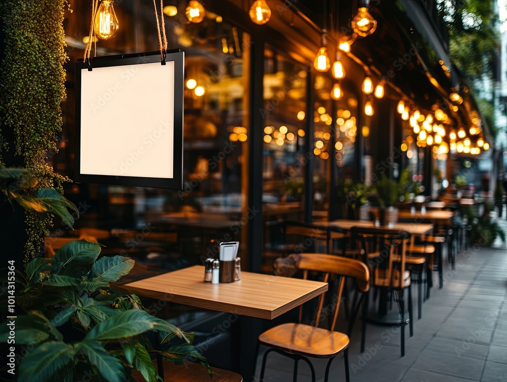 Cozy outdoor café with warm lighting and empty tables Cozy outdoor café with warm lighting and empty tables