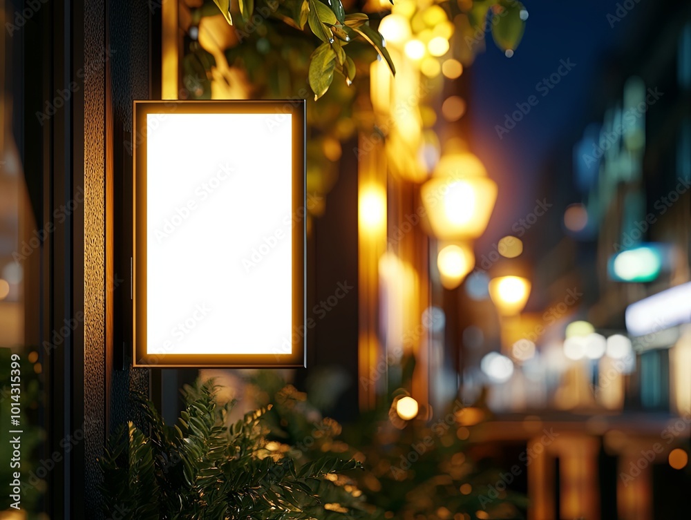 Illuminated blank sign in a cozy nighttime street setting Illuminated blank sign in a cozy nighttime street setting