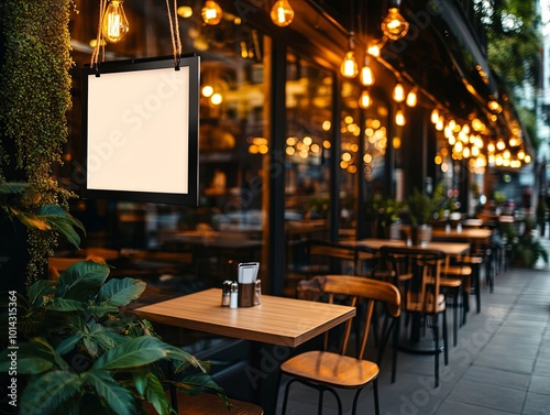 Cozy outdoor café with warm lighting and empty tables