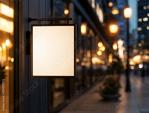 Elegant urban street scene with illuminated signage at dusk