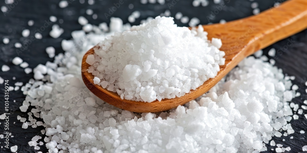 Wooden spoon filled with coarse sea salt on a dark background. Culinary and cooking ingredient concept. Wooden spoon filled with coarse sea salt on a dark background. Culinary and cooking ingredient concept.