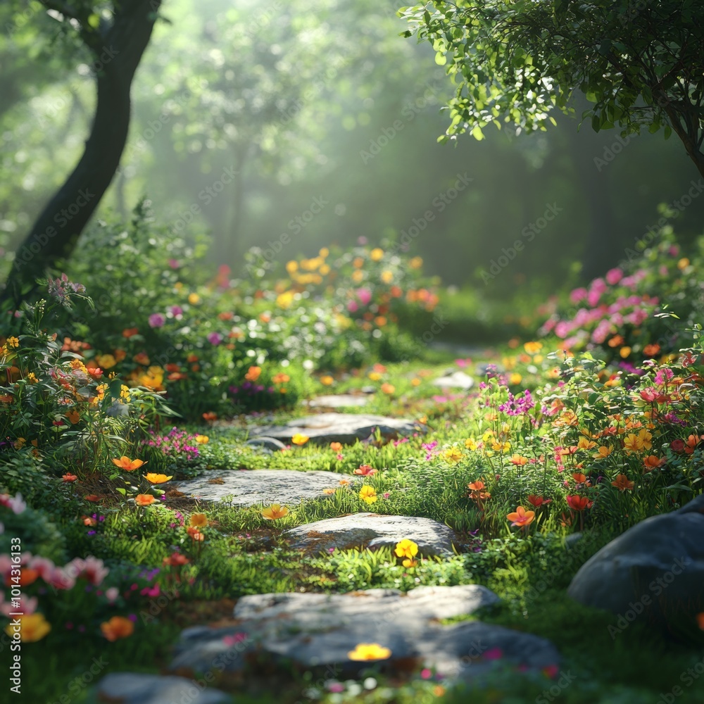 Fototapeta premium Sunlit Stone Path Through a Lush Wildflower Meadow